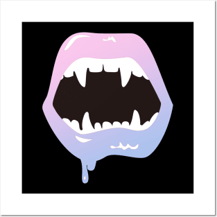 Vampire Lips Vampire Teeth Vampire Bite Blood Kiss Pink and Blue Posters and Art